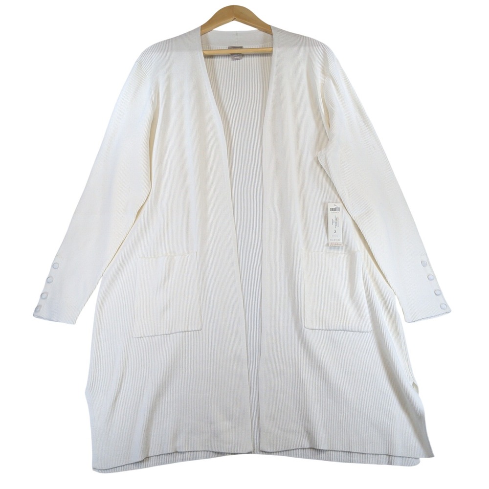 Chicos Ecru Ribbed Two Pocket Cardigan Sweater Size 3 XL New 570298150